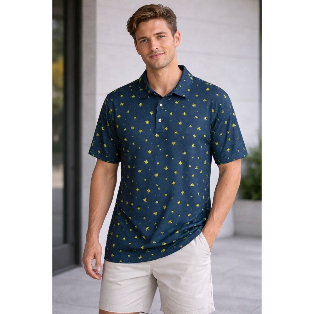 Golf America Tropical Polo Shirt Blue Palm Tree Print Size L Casual Summer